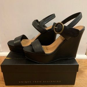 Black Faux Leather Platform Wedges